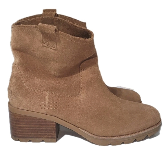 Sorel Waterproof Cate Pull On Tan Suede Leather Ankle Boot Western Lug Women 7 - Picture 14 of 15